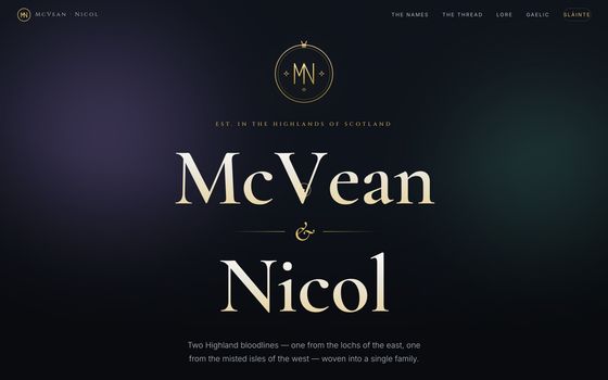 The House of McVean and Nicol website — gold serif typography on a dark background.